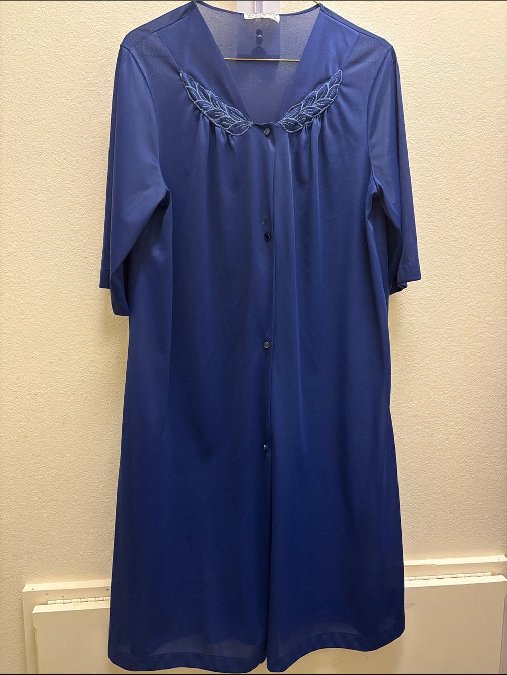 vassarette Royal Blue Button-Front Sleep Robe with Embroidered Yoke